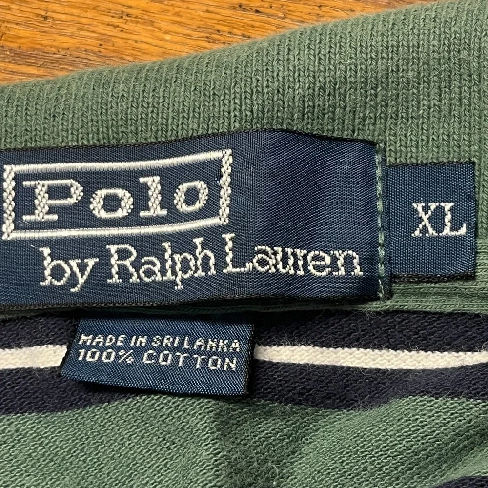 VTG Polo Ralph Lauren Mens XL Green Navy Stripe Mesh Polo Shirt Preppy Golf 90s